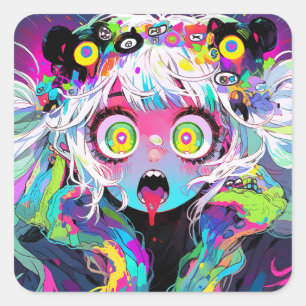 Neon Kawaii Shockwave: Psychedelic Anime Girl Square Sticker