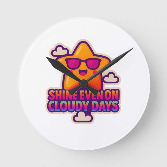 Neon Kawaii Star – “Shine Even on Cloudy Days” Round Clock (Front)