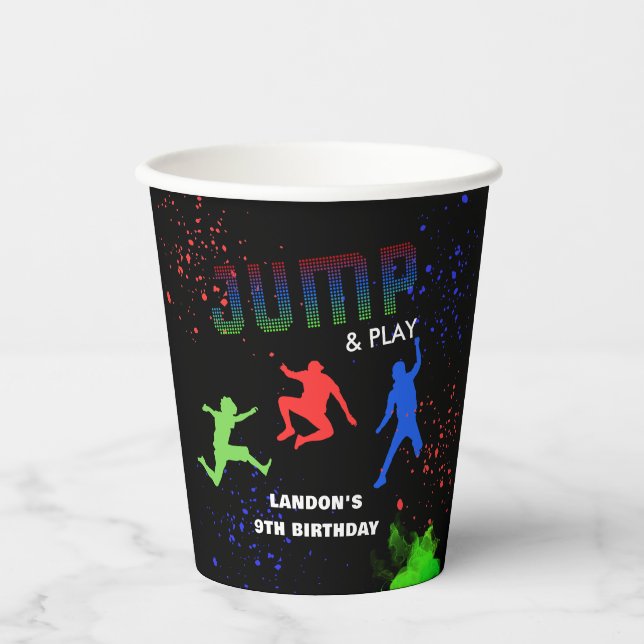 Neon Kids Trampoline Park Birthday Party Paper Cups (Front)