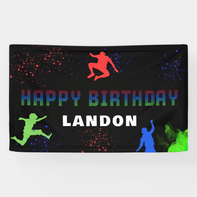 Neon Kids Trampoline Park Happy Birthday  Banner (Horizontal)