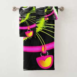 Neon Kitty Feline Art Bath Towel Set
