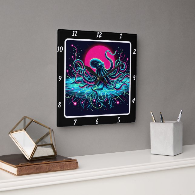 Neon Kraken Octopus Abyss  Square Wall Clock (Office)