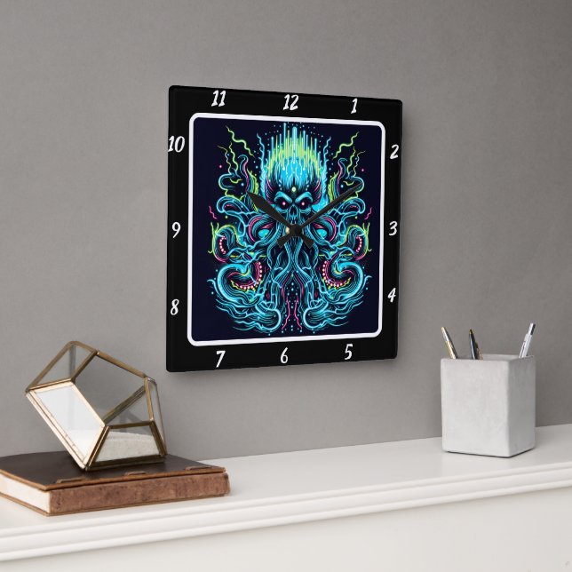 Neon Kraken Octopus Deep Current  Square Wall Clock (Office)