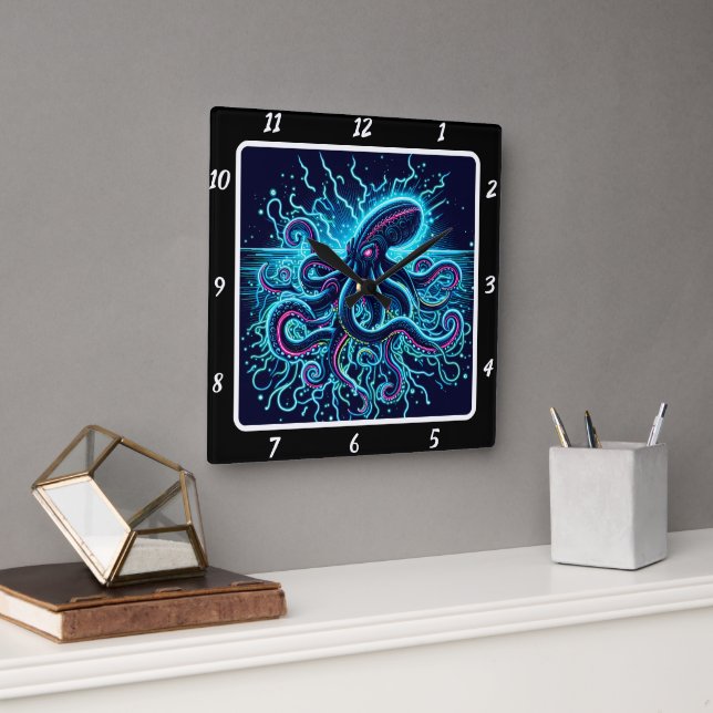 Neon Kraken Octopus Shadow Reef  Square Wall Clock (Office)
