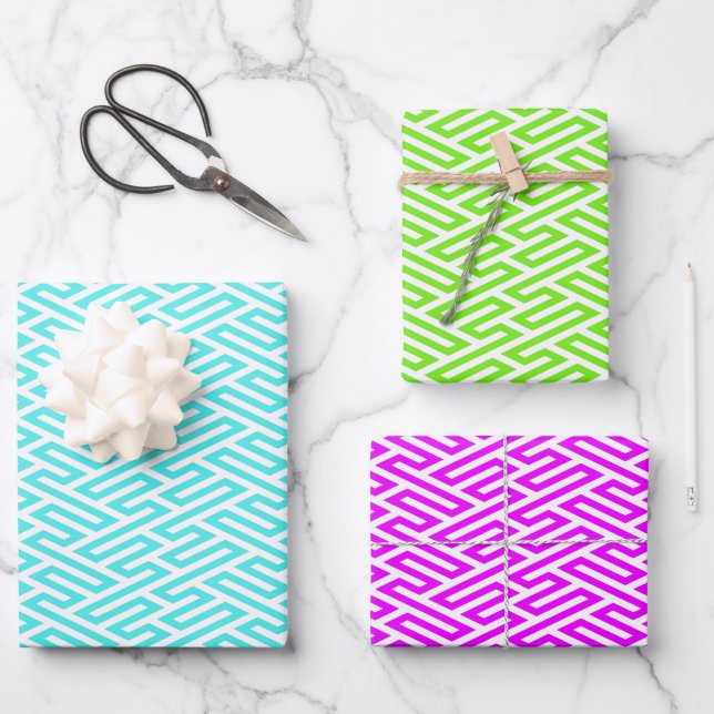 Neon Labyrinth Art Deco Geometric Wrapping Paper Sheet (Front)