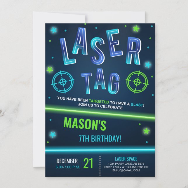 Neon Laser Tag Blue Invitation (Front)