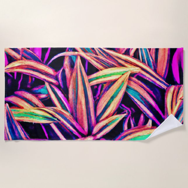 Neon Leaf Patterns Unveiled Beach Towel (Front)
