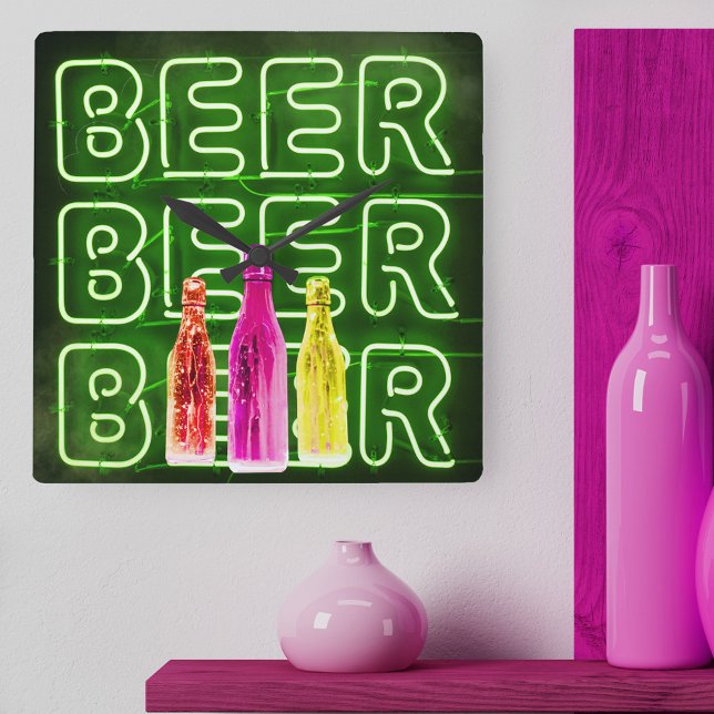 Neon LED Beer Sign Green Square Wall Clock (Beer Clock with mock neon bar sign design.)