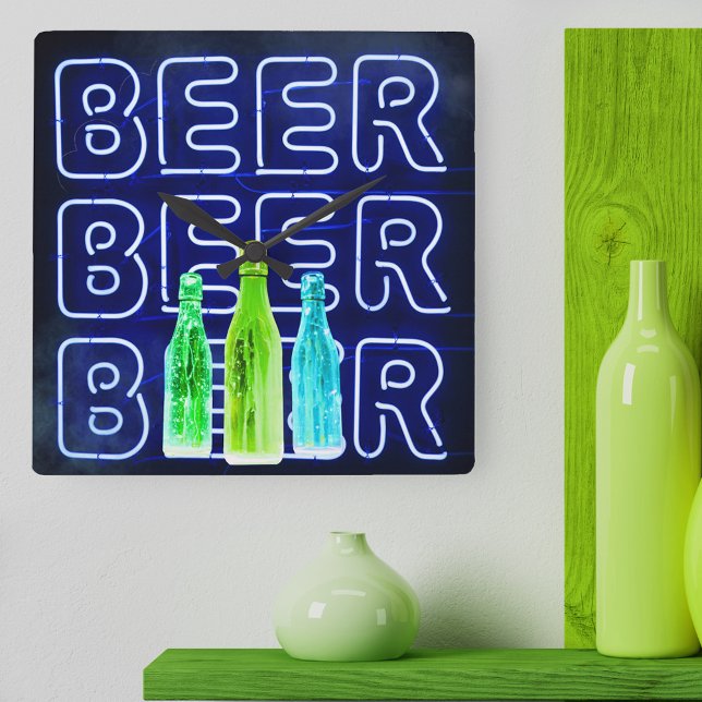 Neon LED Beer Sign Royal Blue Square Wall Clock (Beer Clock with mock neon bar sign design.)