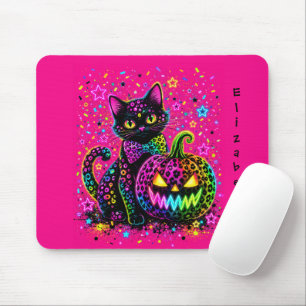 Neon Leopard Halloween Cat & Pumpkin Party Mouse Mat