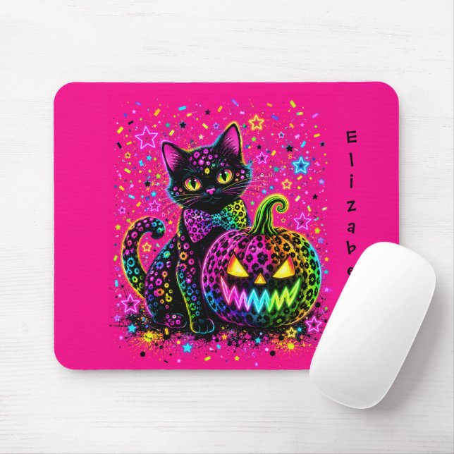 Neon Leopard Halloween Cat & Pumpkin Party Mouse Mat (With Mouse)