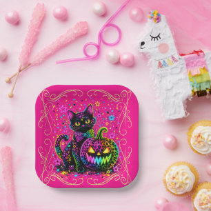 Neon Leopard Halloween Cat & Pumpkin Party Paper Plate