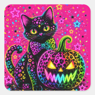 Neon Leopard Halloween Cat & Pumpkin Party Square Sticker