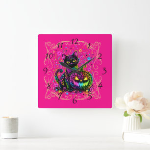 Neon Leopard Halloween Cat & Pumpkin Party Square Wall Clock