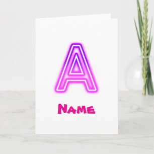 Neon Letter A Monogram Glowing Purple Pink Initial Card