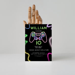 Neon level up 10 video Game Birthday Party  Invitation