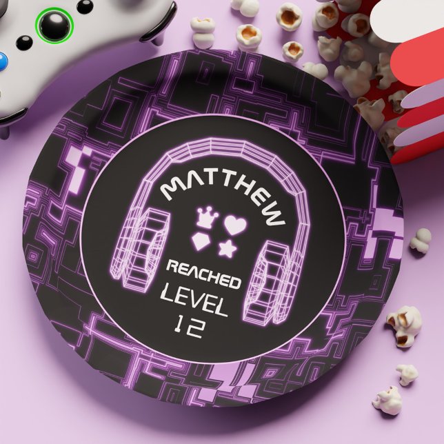 Neon Level Up Gaming Kid Boy Gamer Birthday Party Paper Plate (Neon Level Up Gaming Kid Boy Gamer Birthday Party Paper Plates)