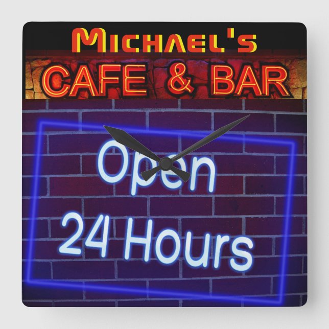 Neon Light BAR CAFE OPen ALL Hours Personalised 2 Square Wall Clock (Front)