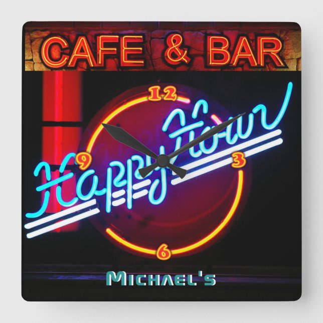 Neon Light BAR CAFE Personalised SIGN ManCave Square Wall Clock (Front)