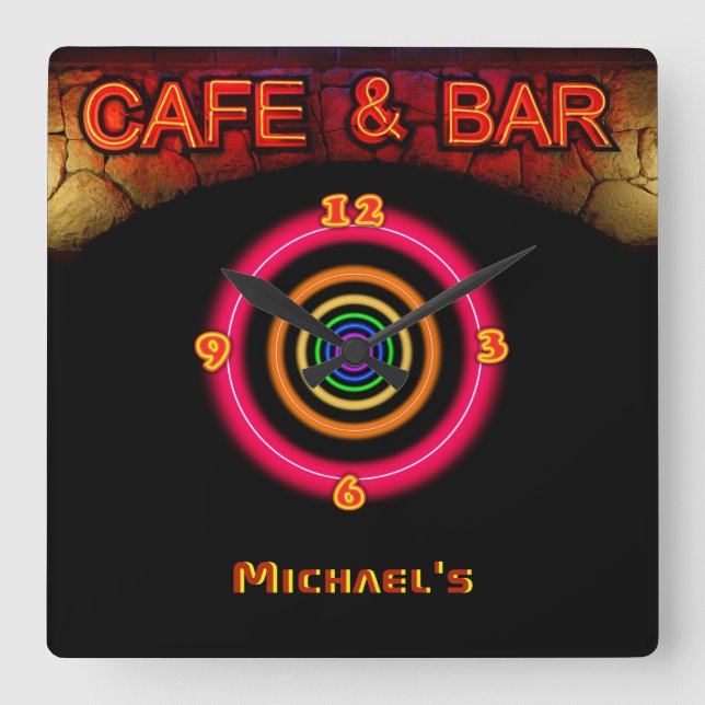 Neon Light BAR CAFE Personalised SIGN ManCave Square Wall Clock (Front)