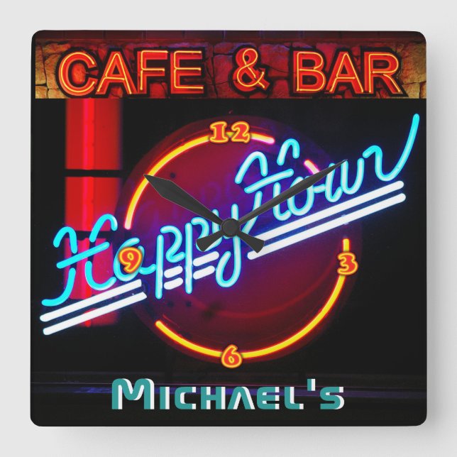 Neon Light BAR CAFE Personalised SIGN ManCave Square Wall Clock (Front)
