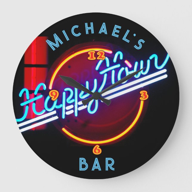 Neon Light BAR Personalised SIGN Man Cave Large Cl Large Clock (Front)