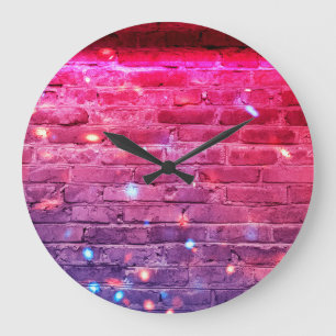 Neon light: empty brick wall. large clock