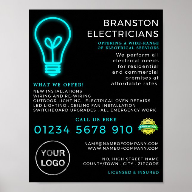 Neon Lightbulb, Electrician Advertising Poster (Front)