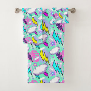 Neon Lightning Bolts & Stars Pattern Bath Towel Set