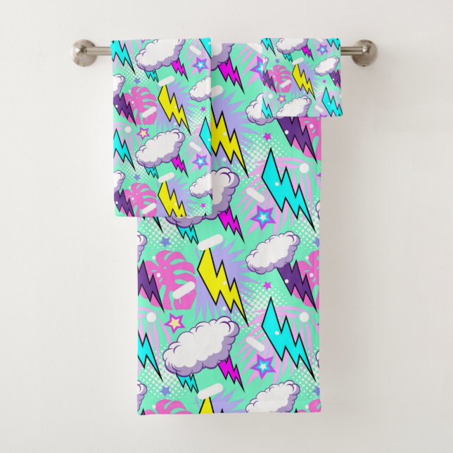 Neon Lightning Bolts & Stars Pattern Bath Towel Set (Insitu)