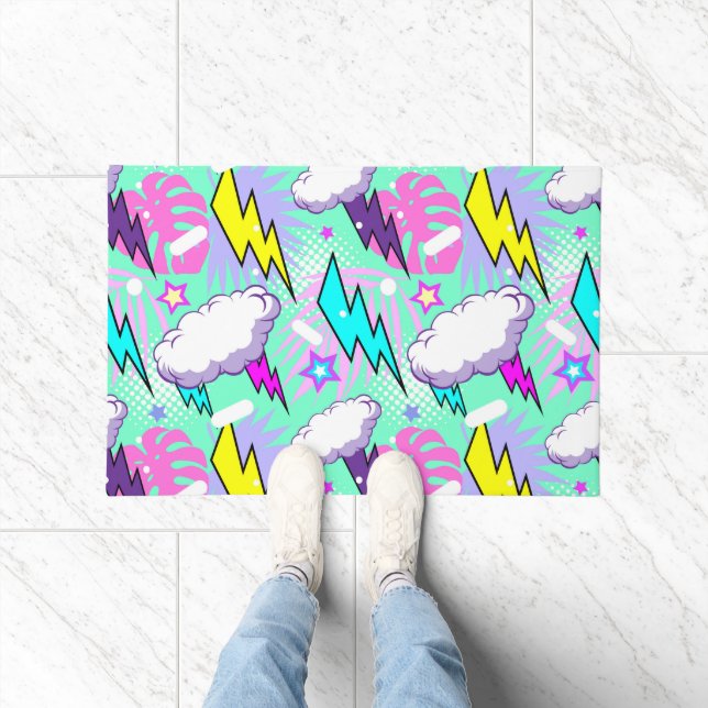 Neon Lightning Bolts & Stars Pattern Doormat (Indoor)