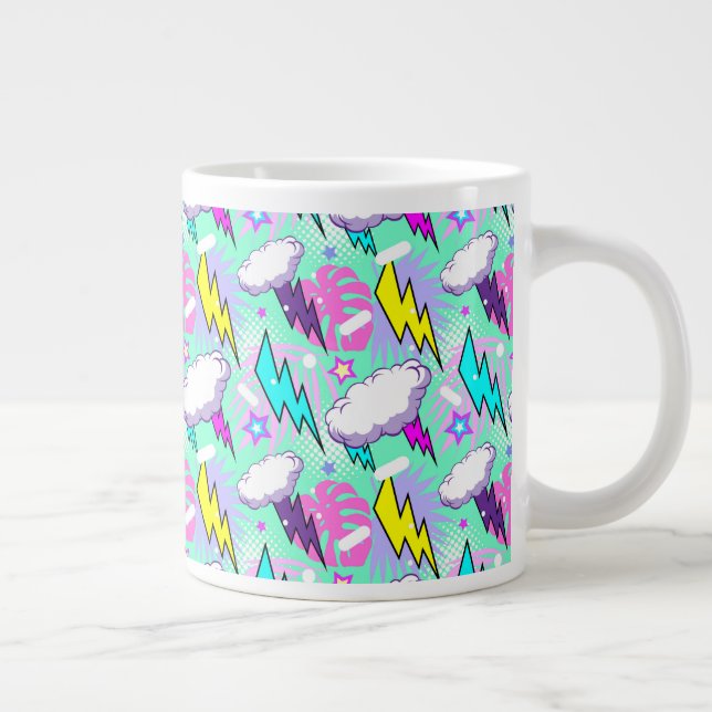 Neon Lightning Bolts & Stars Pattern Large Coffee Mug (Right)