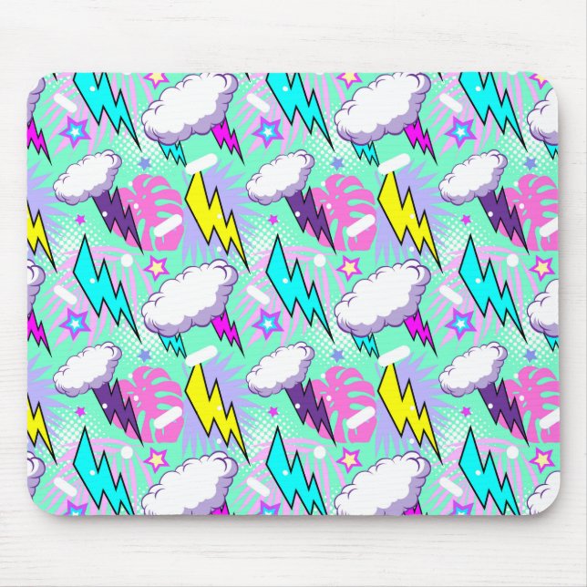 Neon Lightning Bolts & Stars Pattern Mouse Mat (Front)