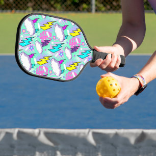 Neon Lightning Bolts & Stars Pattern Pickleball Paddle