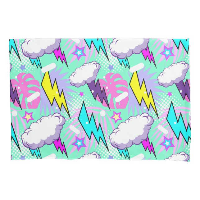 Neon Lightning Bolts & Stars Pattern Pillowcase (Front-Left)
