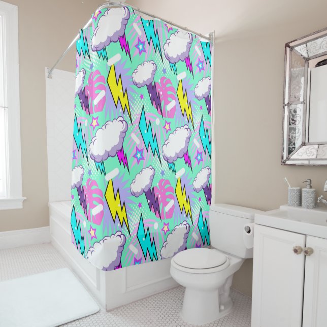 Neon Lightning Bolts & Stars Pattern Shower Curtain (In Situ)