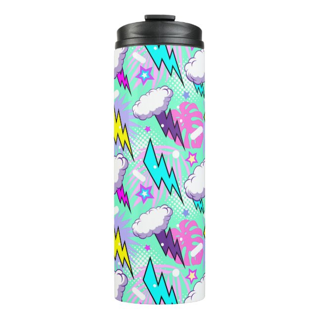 Neon Lightning Bolts & Stars Pattern Thermal Tumbler (Front)