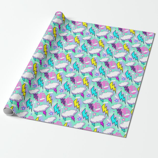 Neon Lightning Bolts & Stars Pattern Wrapping Paper (Unrolled)