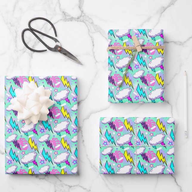 Neon Lightning Bolts & Stars Pattern Wrapping Paper Sheet (Front)