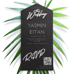 Neon Lights Black & White Glam Wedding All In One Invitation