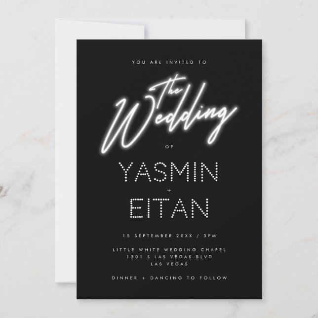 Neon Lights Black White Informal Wedding Invitation (Front)