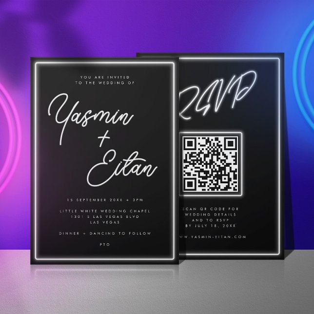 Neon Lights Black White Script Simple Wedding Invitation (Black invitation with white neon light script for the bride and groom's names)