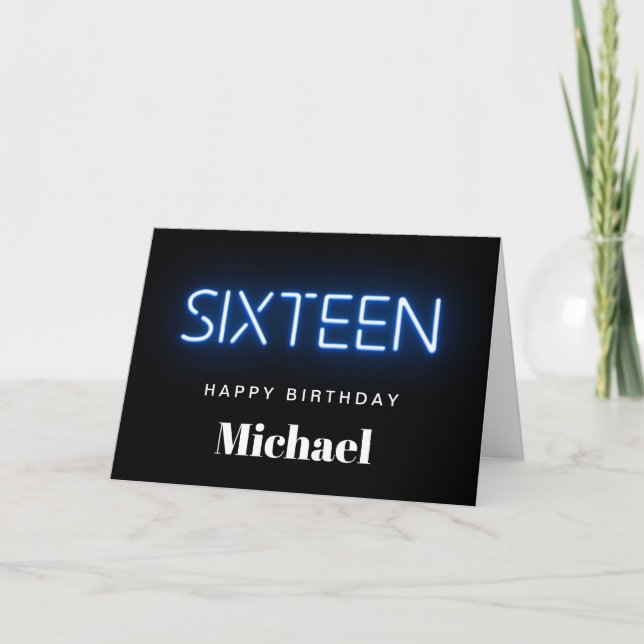 Neon Lights Blue Personalised 16th Birthday Card (Front)