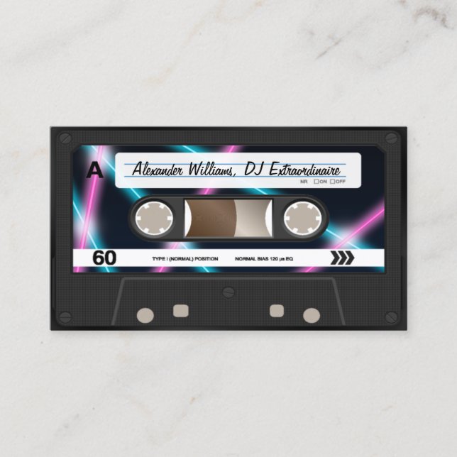 Neon Lights Cassette Tape DJ Music Party 80s Business Card (Front)