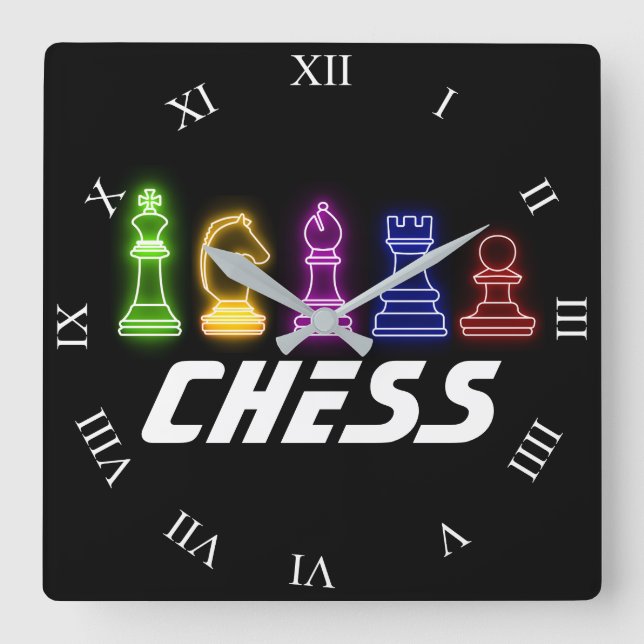 Neon Lights Chess Pieces Chess King Square Wall Clock (Front)