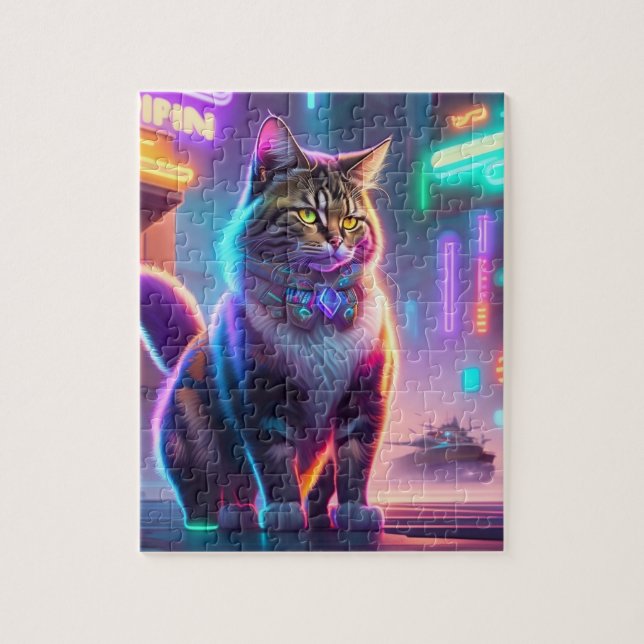 Neon Lights Colourful Futuristic Cyberpunk Cat Jigsaw Puzzle (Vertical)