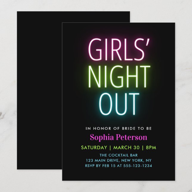 Neon Lights Girls' Night Out Bachelorette Party Invitation (Front/Back)