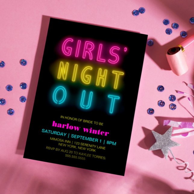 Neon Lights Girls' Night Out Bachelorette Party Invitation (Creator Uploaded)