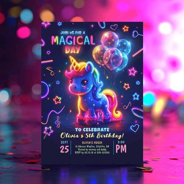 Neon Lights Glowing Fun Unicorn Birthday Invitation (Neon Unicorn Birthday Invitations)