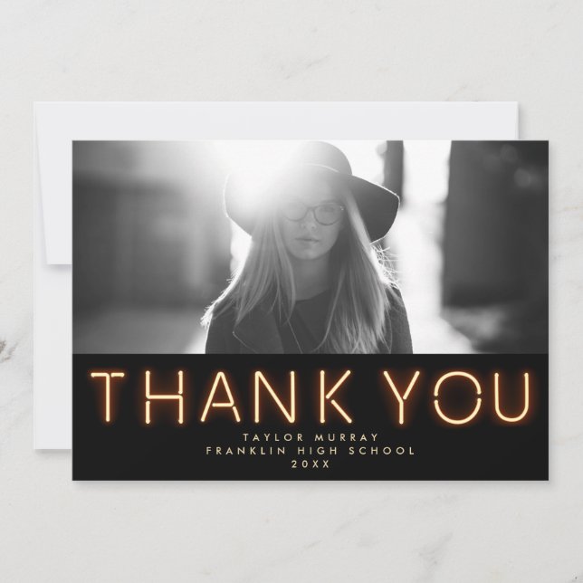 Neon Lights Graduation Photo Thank You Card (Front)